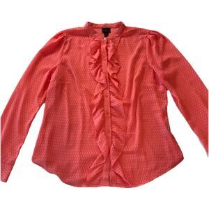 Worthington Large Blouse Coral Sheer Ruffle Detail Button Up Romantic Career